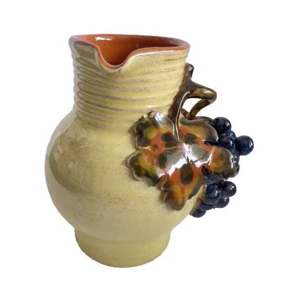 Small French Pottery Pitcher With 3-D Grapes Made in France 5"H Holds 12 oz - Picture 2 of 8